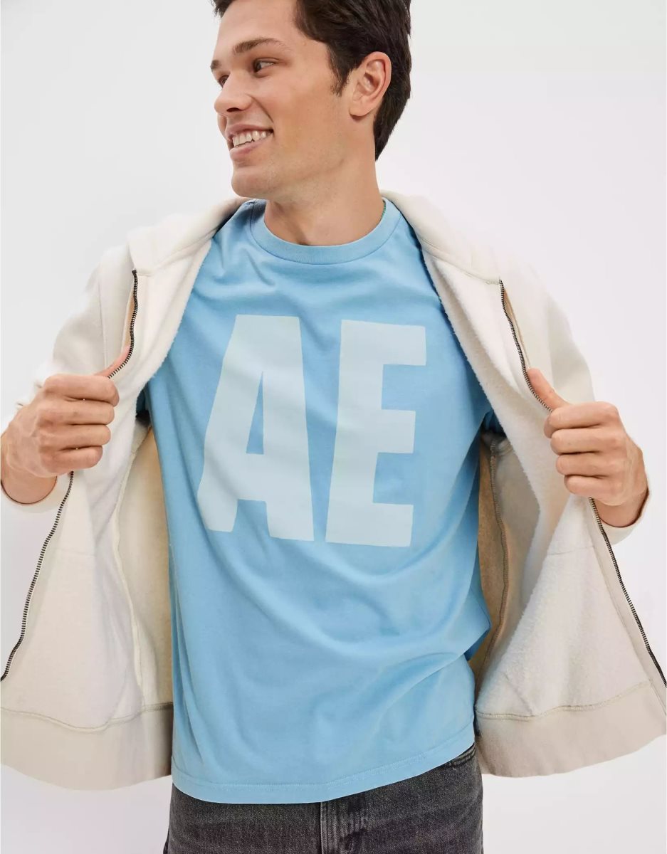 T Shirt Graphique American Eagle AE Super Soft Bleu Homme | EGK-77471210